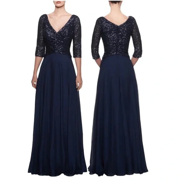 La Femme Chiffon and Sequin A Line Gown Faux Wrap 3/4 Sleeve Navy Blue Size 16 - Picture 1 of 10